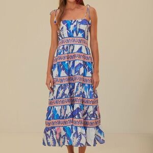 NWT Farm Rio Off-White Blue Foliage Midi Dress
